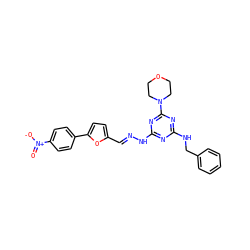 O=[N+]([O-])c1ccc(-c2ccc(/C=N/Nc3nc(NCc4ccccc4)nc(N4CCOCC4)n3)o2)cc1 ZINC000013152426