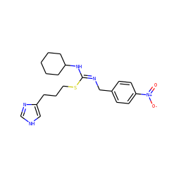 O=[N+]([O-])c1ccc(C/N=C(/NC2CCCCC2)SCCCc2c[nH]cn2)cc1 ZINC000073169042
