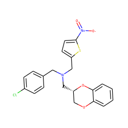 O=[N+]([O-])c1ccc(CN(Cc2ccc(Cl)cc2)C[C@H]2COc3ccccc3O2)s1 ZINC000084687822