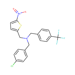 O=[N+]([O-])c1ccc(CN(Cc2ccc(Cl)cc2)Cc2ccc(C(F)(F)F)cc2)s1 ZINC000084687511