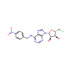 O=[N+]([O-])c1ccc(CNc2ncnc3c2ncn3[C@@H]2O[C@H](CCl)[C@@H](O)[C@H]2O)cc1 ZINC000029059094