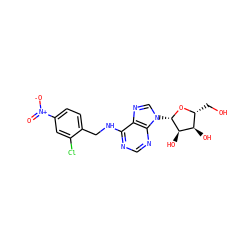 O=[N+]([O-])c1ccc(CNc2ncnc3c2ncn3[C@@H]2O[C@H](CO)[C@@H](O)[C@H]2O)c(Cl)c1 ZINC000029058005