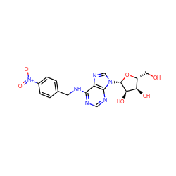 O=[N+]([O-])c1ccc(CNc2ncnc3c2ncn3[C@@H]2O[C@H](CO)[C@@H](O)[C@H]2O)cc1 ZINC000029059134