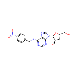 O=[N+]([O-])c1ccc(CNc2ncnc3c2ncn3[C@@H]2O[C@H](CO)C[C@H]2O)cc1 ZINC000029057538