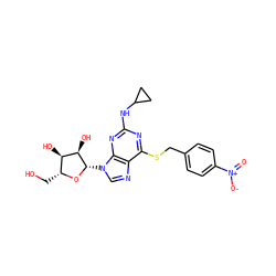 O=[N+]([O-])c1ccc(CSc2nc(NC3CC3)nc3c2ncn3[C@@H]2O[C@H](CO)[C@@H](O)[C@H]2O)cc1 ZINC000028875730