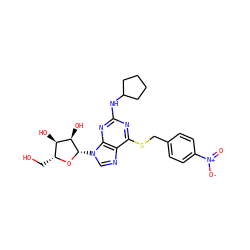 O=[N+]([O-])c1ccc(CSc2nc(NC3CCCC3)nc3c2ncn3[C@@H]2O[C@H](CO)[C@@H](O)[C@H]2O)cc1 ZINC000028875748