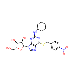 O=[N+]([O-])c1ccc(CSc2nc(NC3CCCCC3)nc3c2ncn3[C@@H]2O[C@H](CO)[C@@H](O)[C@H]2O)cc1 ZINC000028875752