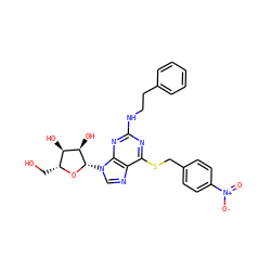 O=[N+]([O-])c1ccc(CSc2nc(NCCc3ccccc3)nc3c2ncn3[C@@H]2O[C@H](CO)[C@@H](O)[C@H]2O)cc1 ZINC000028875764