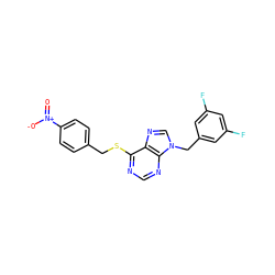 O=[N+]([O-])c1ccc(CSc2ncnc3c2ncn3Cc2cc(F)cc(F)c2)cc1 ZINC000013584405