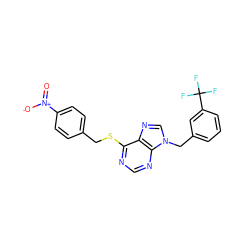 O=[N+]([O-])c1ccc(CSc2ncnc3c2ncn3Cc2cccc(C(F)(F)F)c2)cc1 ZINC000013584442