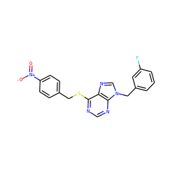 O=[N+]([O-])c1ccc(CSc2ncnc3c2ncn3Cc2cccc(F)c2)cc1 ZINC000013584389