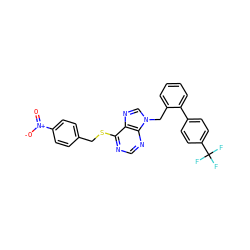 O=[N+]([O-])c1ccc(CSc2ncnc3c2ncn3Cc2ccccc2-c2ccc(C(F)(F)F)cc2)cc1 ZINC000028460631