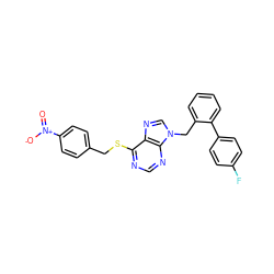 O=[N+]([O-])c1ccc(CSc2ncnc3c2ncn3Cc2ccccc2-c2ccc(F)cc2)cc1 ZINC000013584460