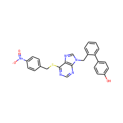 O=[N+]([O-])c1ccc(CSc2ncnc3c2ncn3Cc2ccccc2-c2ccc(O)cc2)cc1 ZINC000013584481