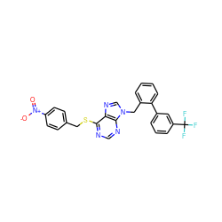 O=[N+]([O-])c1ccc(CSc2ncnc3c2ncn3Cc2ccccc2-c2cccc(C(F)(F)F)c2)cc1 ZINC000028384389