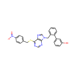 O=[N+]([O-])c1ccc(CSc2ncnc3c2ncn3Cc2ccccc2-c2cccc(O)c2)cc1 ZINC000013584479