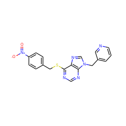 O=[N+]([O-])c1ccc(CSc2ncnc3c2ncn3Cc2cccnc2)cc1 ZINC000013584382