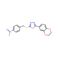 O=[N+]([O-])c1ccc(CSc2nnc(-c3ccc4c(c3)OCCO4)o2)cc1 ZINC000073168671