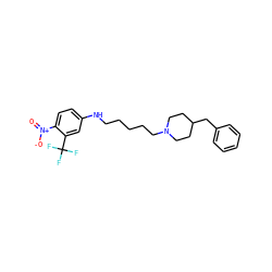 O=[N+]([O-])c1ccc(NCCCCCN2CCC(Cc3ccccc3)CC2)cc1C(F)(F)F ZINC001772652384