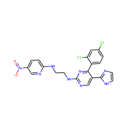 O=[N+]([O-])c1ccc(NCCNc2ncc(-c3ncc[nH]3)c(-c3ccc(Cl)cc3Cl)n2)nc1 ZINC000040860709