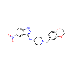 O=[N+]([O-])c1ccc2[nH]nc(NC3CCN(Cc4ccc5c(c4)OCCO5)CC3)c2c1 ZINC000028529563
