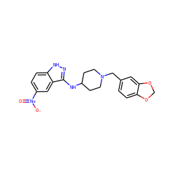 O=[N+]([O-])c1ccc2[nH]nc(NC3CCN(Cc4ccc5c(c4)OCO5)CC3)c2c1 ZINC000028529555