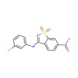 O=[N+]([O-])c1ccc2c(c1)S(=O)(=O)N=C2Nc1cccc(Cl)c1 ZINC000004372951