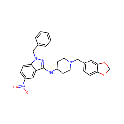 O=[N+]([O-])c1ccc2c(c1)c(NC1CCN(Cc3ccc4c(c3)OCO4)CC1)nn2Cc1ccccc1 ZINC000028529515