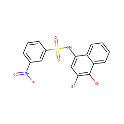 O=[N+]([O-])c1cccc(S(=O)(=O)Nc2cc(Br)c(O)c3ccccc23)c1 ZINC000008716730