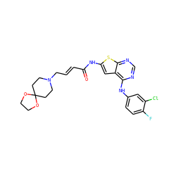 O=C(/C=C/CN1CCC2(CC1)OCCO2)Nc1cc2c(Nc3ccc(F)c(Cl)c3)ncnc2s1 ZINC000169311850