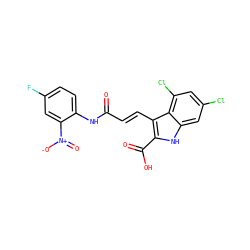 O=C(/C=C/c1c(C(=O)O)[nH]c2cc(Cl)cc(Cl)c12)Nc1ccc(F)cc1[N+](=O)[O-] ZINC000013761286