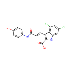 O=C(/C=C/c1c(C(=O)O)[nH]c2cc(Cl)cc(Cl)c12)Nc1ccc(O)cc1 ZINC000013761280