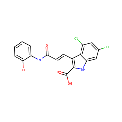O=C(/C=C/c1c(C(=O)O)[nH]c2cc(Cl)cc(Cl)c12)Nc1ccccc1O ZINC000013761282