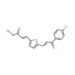 O=C(/C=C/c1ccc(/C=C/C(=O)c2ccc(Cl)cc2)o1)NO ZINC000040864789