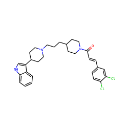 O=C(/C=C/c1ccc(Cl)c(Cl)c1)N1CCC(CCCN2CCC(c3c[nH]c4ccccc34)CC2)CC1 ZINC000045188998