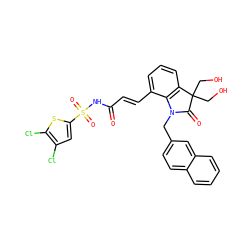 O=C(/C=C/c1cccc2c1N(Cc1ccc3ccccc3c1)C(=O)C2(CO)CO)NS(=O)(=O)c1cc(Cl)c(Cl)s1 ZINC000049780750