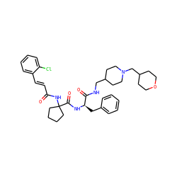 O=C(/C=C/c1ccccc1Cl)NC1(C(=O)N[C@H](Cc2ccccc2)C(=O)NCC2CCN(CC3CCOCC3)CC2)CCCC1 ZINC000042834265