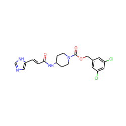O=C(/C=C/c1cnc[nH]1)NC1CCN(C(=O)OCc2cc(Cl)cc(Cl)c2)CC1 ZINC000217412368