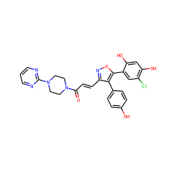 O=C(/C=C/c1noc(-c2cc(Cl)c(O)cc2O)c1-c1ccc(O)cc1)N1CCN(c2ncccn2)CC1 ZINC000299841398