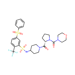 O=C([C@@H]1CCCN1C(=O)N1CCOCC1)N1CCC(NS(=O)(=O)c2cc(S(=O)(=O)c3ccccc3)ccc2C(F)(F)F)CC1 ZINC000049898820