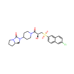 O=C([C@H](O)CS(=O)(=O)c1ccc2cc(Cl)ccc2c1)N1CCC(N2C[C@H]3CCCN3C2=O)CC1 ZINC000049110263