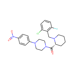 O=C([C@H]1CCCCN1Cc1c(F)cccc1Cl)N1CCN(c2ccc([N+](=O)[O-])cc2)CC1 ZINC000066128684