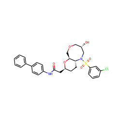 O=C(C[C@@H]1CC[C@@H]2[C@H](COC[C@H](O)CN2S(=O)(=O)c2cccc(Cl)c2)O1)Nc1ccc(-c2ccccc2)cc1 ZINC000095598962