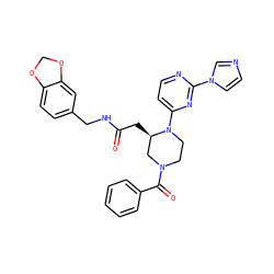 O=C(C[C@@H]1CN(C(=O)c2ccccc2)CCN1c1ccnc(-n2ccnc2)n1)NCc1ccc2c(c1)OCO2 ZINC000035270091