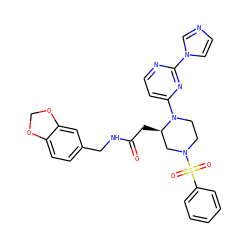 O=C(C[C@@H]1CN(S(=O)(=O)c2ccccc2)CCN1c1ccnc(-n2ccnc2)n1)NCc1ccc2c(c1)OCO2 ZINC000036089264
