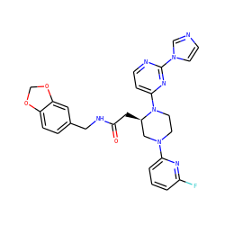 O=C(C[C@@H]1CN(c2cccc(F)n2)CCN1c1ccnc(-n2ccnc2)n1)NCc1ccc2c(c1)OCO2 ZINC000035270693