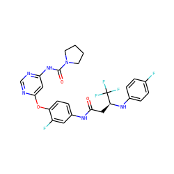 O=C(C[C@H](Nc1ccc(F)cc1)C(F)(F)F)Nc1ccc(Oc2cc(NC(=O)N3CCCC3)ncn2)c(F)c1 ZINC000049767640