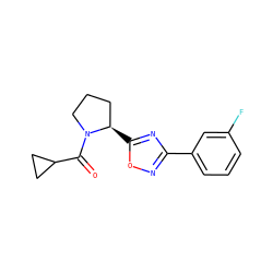 O=C(C1CC1)N1CCC[C@H]1c1nc(-c2cccc(F)c2)no1 ZINC000071341551