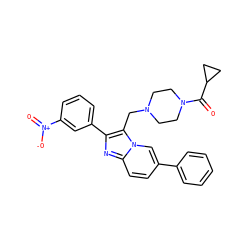O=C(C1CC1)N1CCN(Cc2c(-c3cccc([N+](=O)[O-])c3)nc3ccc(-c4ccccc4)cn23)CC1 ZINC000037384577