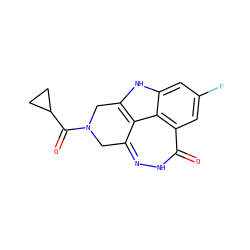 O=C(C1CC1)N1Cc2n[nH]c(=O)c3cc(F)cc4[nH]c(c2c43)C1 ZINC000146384805